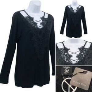 Criss Cross Lace Detail Long Sleeve Top - Black